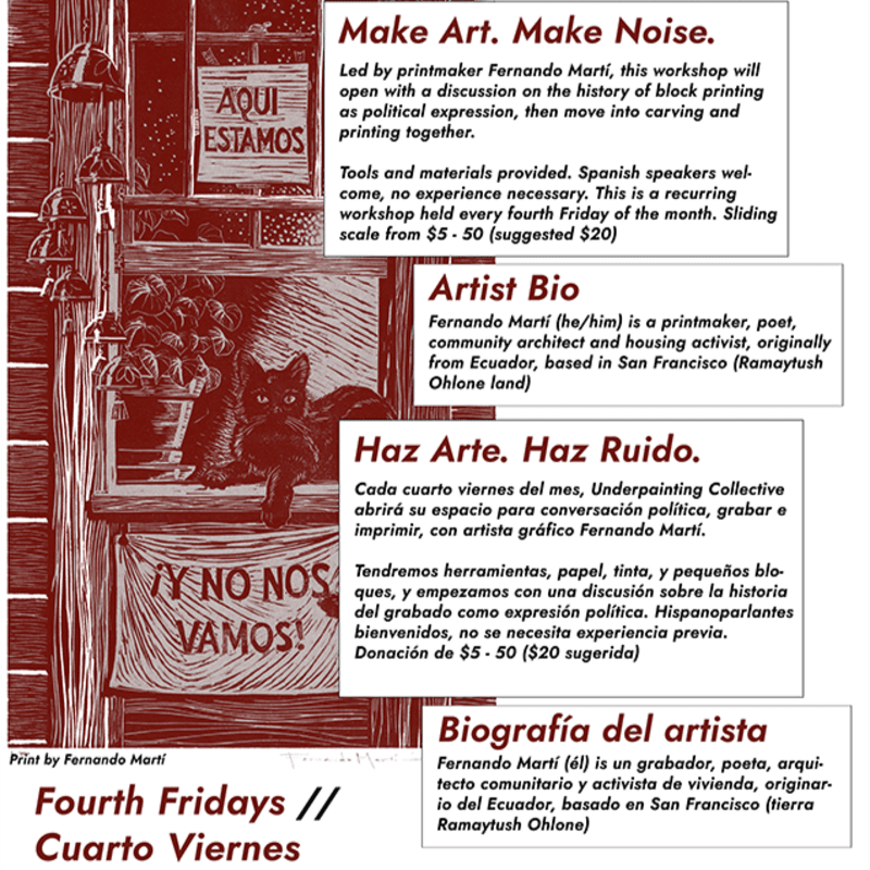 A woodcut print in the foreground shows a cat sitting on a windowsill with plants, while the background contains text in English and Spanish advertising an art workshop.