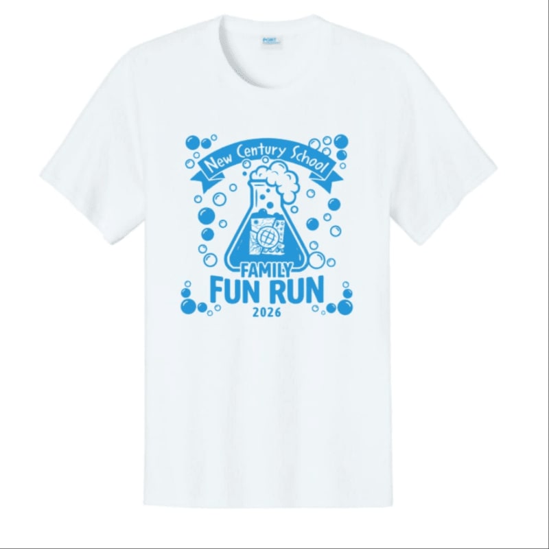 A white t-shirt with a blue graphic of a science flask and bubbles, advertising a "New Century School Family Fun Run 2026," is displayed against a plain white background.