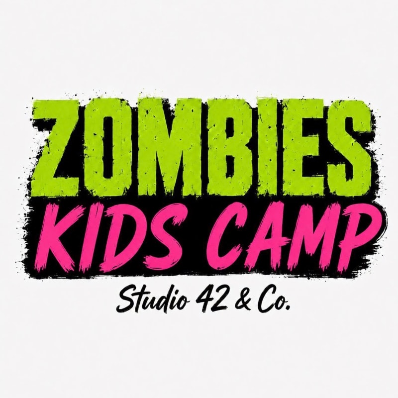 Bright green and pink text reading "ZOMBIES KIDS CAMP" is centered on a white background, with "Studio 42 & Co." written below in black script.
