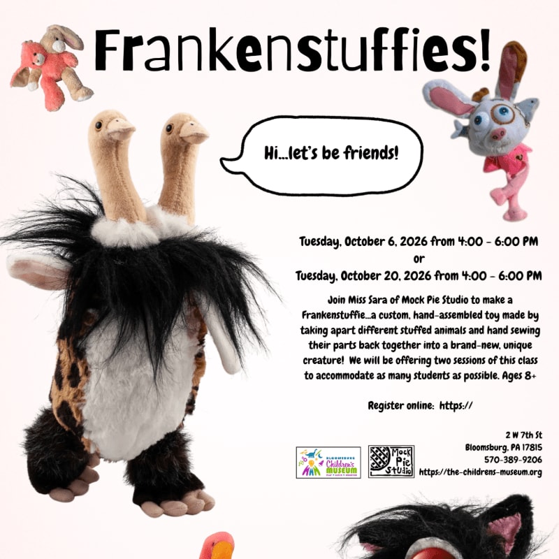 A whimsical, multi-headed stuffed creature with fluffy ears and a leopard print body is featured in the foreground against a white background with event details and other toy creatures.