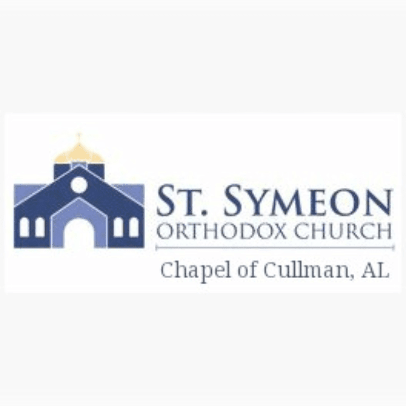 A blue and white graphic displays a stylized image of an Orthodox church with a golden dome in the foreground, next to text that reads "ST. SYMEON ORTHODOX CHURCH Chapel of Cullman, AL" against a plain white background.