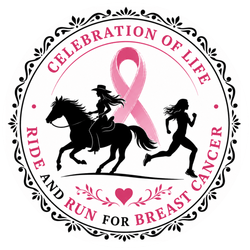 A silhouette of a woman on horseback and a runner are featured in the foreground against a background of a pink ribbon and text that reads "Celebration of Life Ride and Run for Breast Cancer."