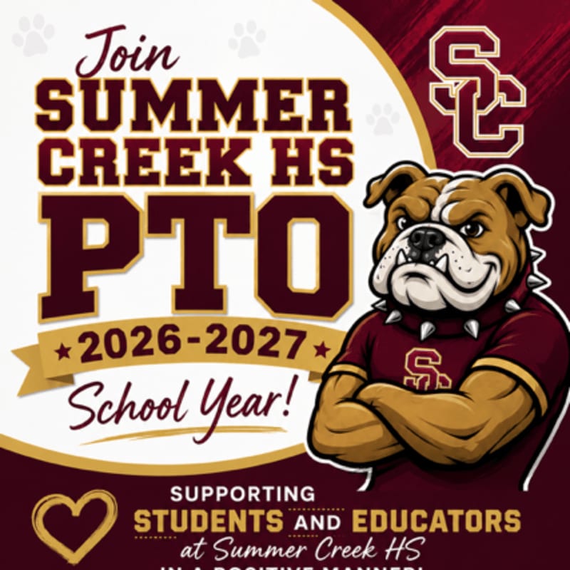 A mascot bulldog stands proudly in front of a graphic advertising the Summer Creek HS PTO for the 2026-2027 school year.