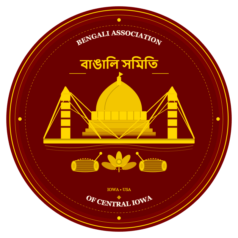 A golden dome structure with bridge-like supports is centered in the foreground, flanked by two drums and a lotus flower, all set against a dark red circular background with text.