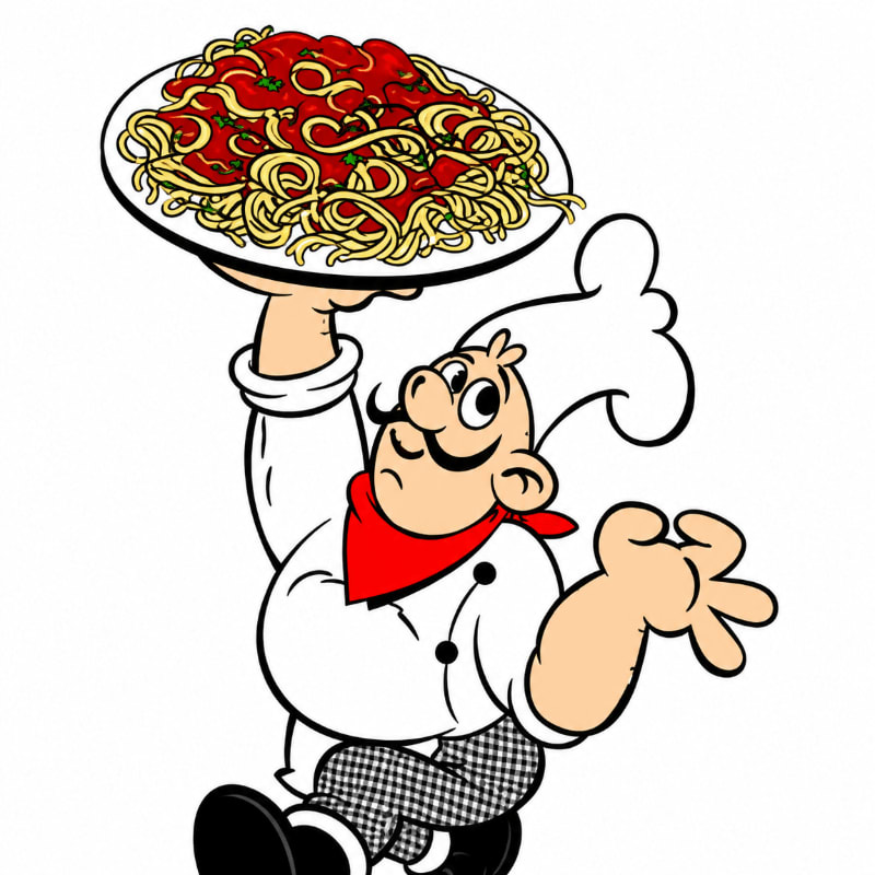 A cartoon chef with a red bandana and checkered pants proudly presents a plate of spaghetti with meatballs against a white background.