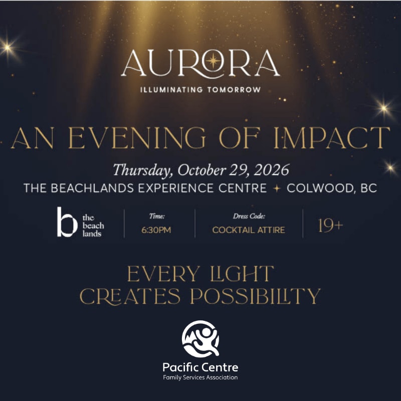 A dark, starry background illuminates the text "AURORA ILLUMINATING TOMORROW" and event details for "AN EVENING OF IMPACT" in the foreground.