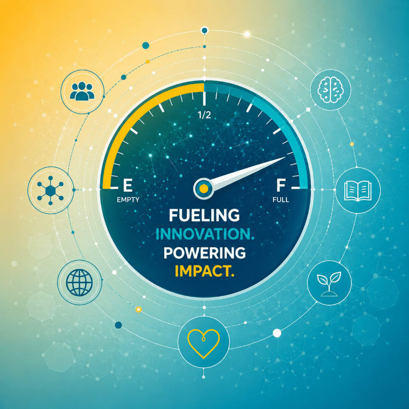 A fuel gauge with icons representing innovation and impact is set against a gradient background of yellow and blue.