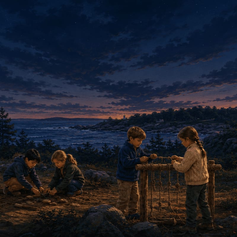 Four children play with stones and a stringed game in the foreground, while a serene coastal landscape with a distant lighthouse unfolds in the twilight background.