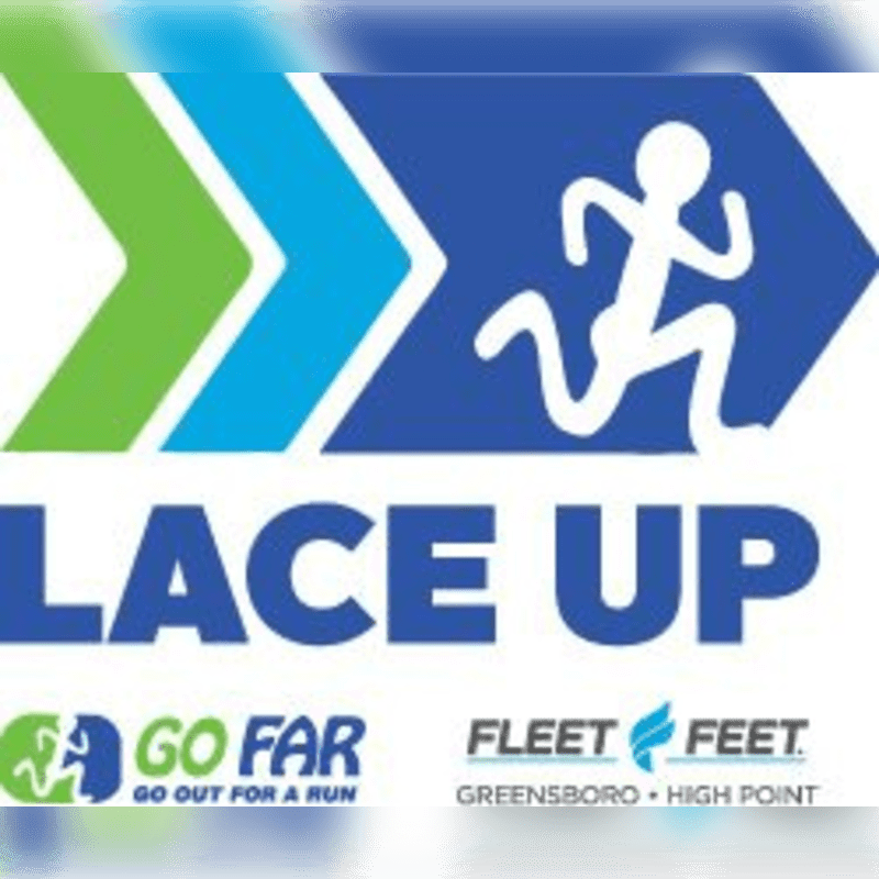 A white runner silhouette is depicted in motion against a blue arrow in the foreground, with "LACE UP" text and sponsor logos below, set against a blurred blue and white background.