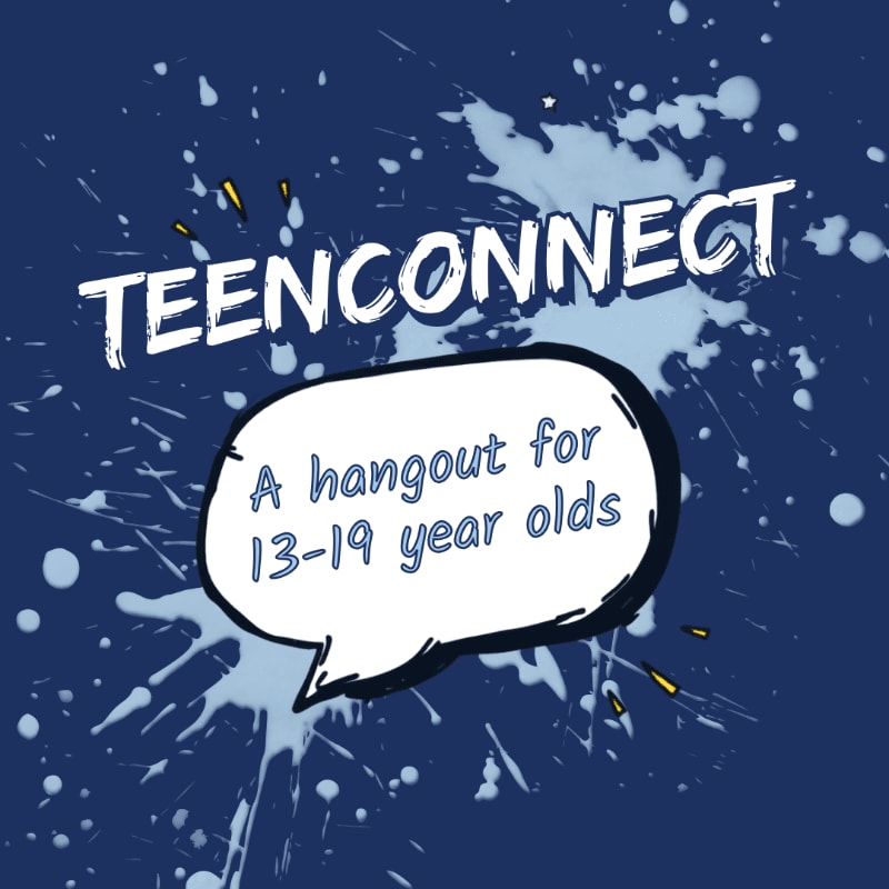 A white speech bubble with the text "A hangout for 13-19 year olds" floats in the foreground against a dark blue background splattered with white paint and the words "TEENCONNECT" in large white letters.