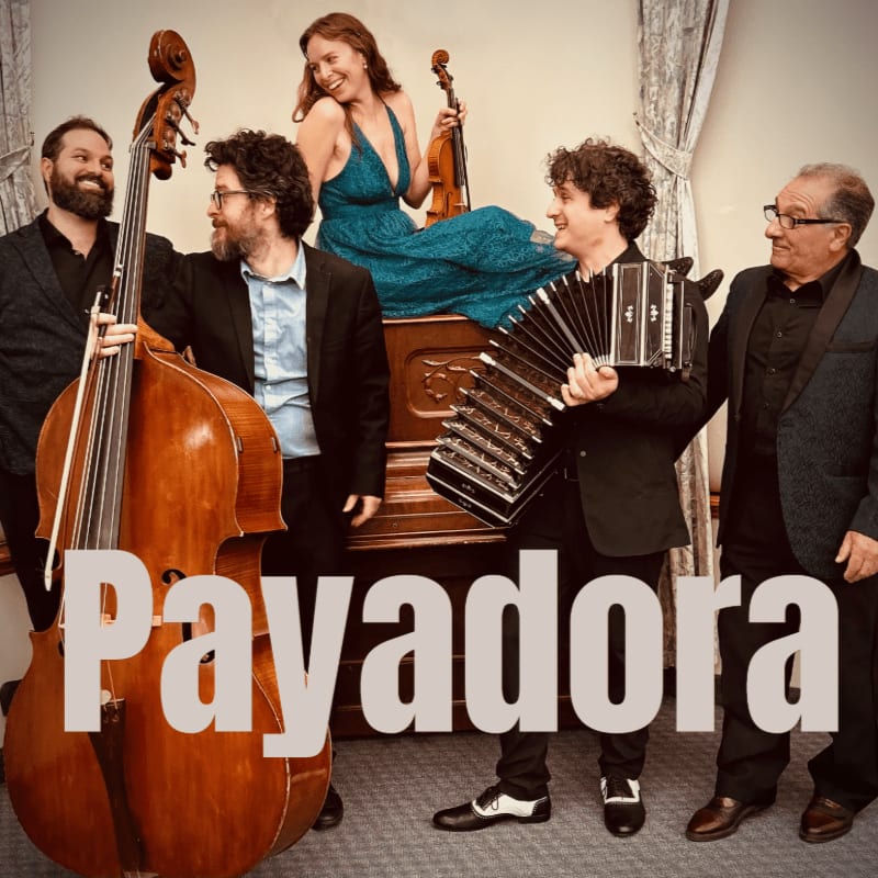 A five-piece band, featuring a double bass, accordion, and violin, poses in front of a piano with a textured wall in the background.