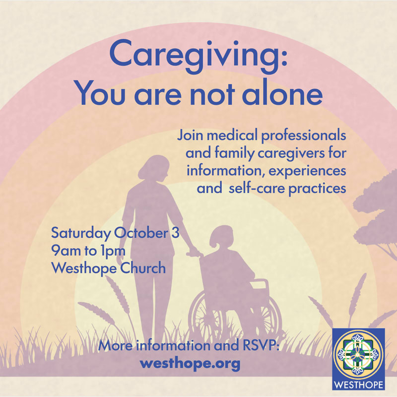 Silhouetted figures of a caregiver and a person in a wheelchair walk through tall grass in the foreground, against a pastel rainbow and tree silhouette background, advertising a caregiving event.