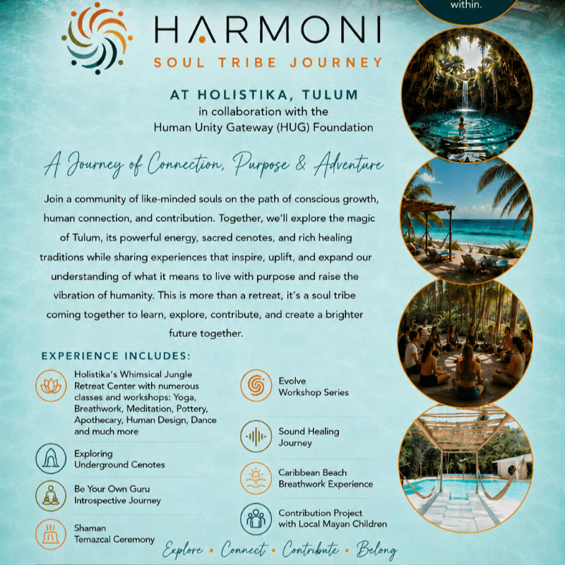 A vibrant flyer for a "Harmoni Soul Tribe Journey" in Tulum features text and images of lush jungle retreats, cenotes, and beach experiences.