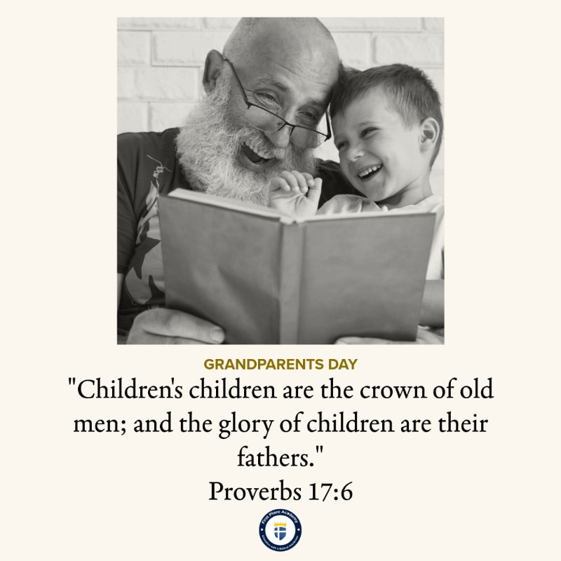 A grandfather and grandson share a joyful moment reading a book in the foreground, with a brick wall visible in the background.