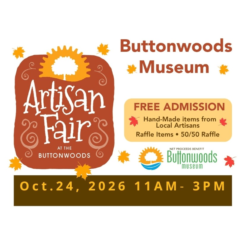 Autumn leaves frame a graphic announcing the Buttonwoods Museum Artisan Fair on October 24, 2026, with details about free admission and raffles.