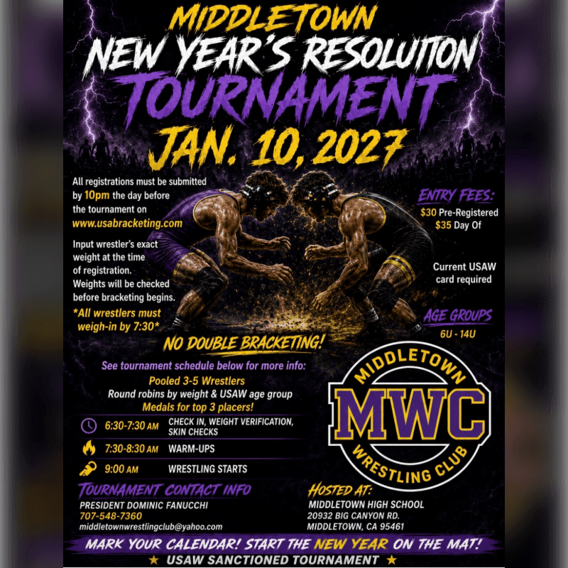 Two wrestlers face each other in the foreground against a background of lightning and tournament details.