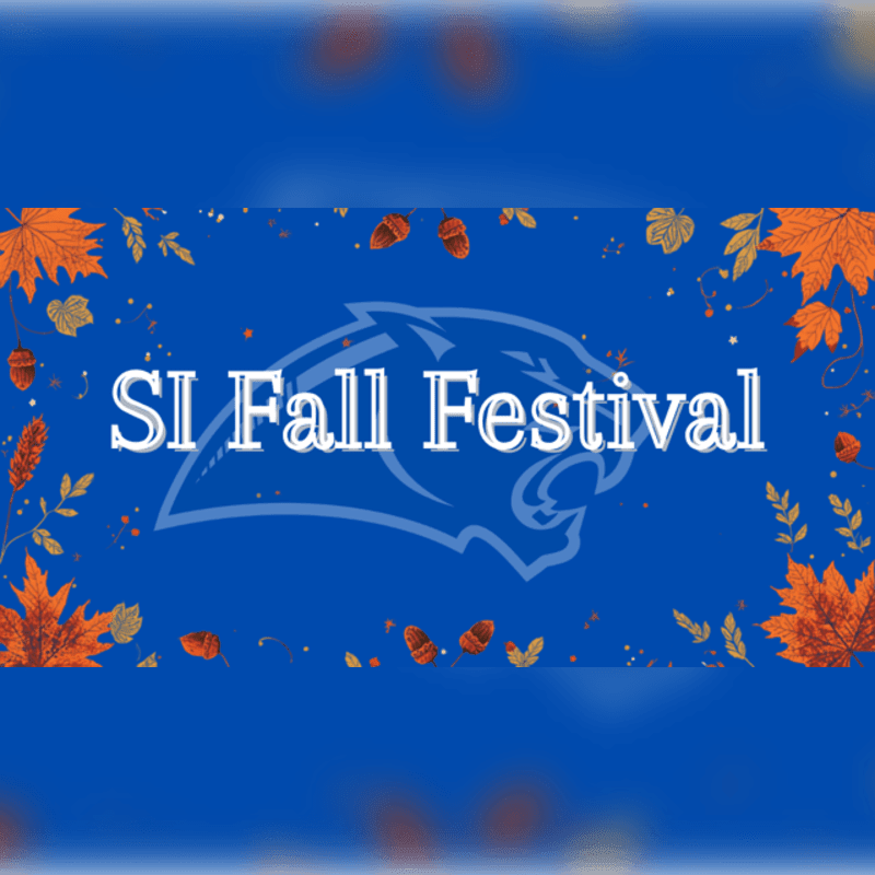Orange autumn leaves and acorns surround the text "SI Fall Festival" with a blue panther logo in the background.