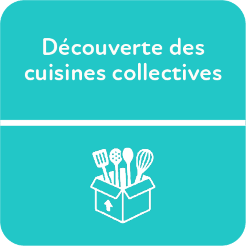 A teal background is divided horizontally, with the top half displaying white French text and the bottom half featuring a white line drawing of kitchen utensils in an open box.