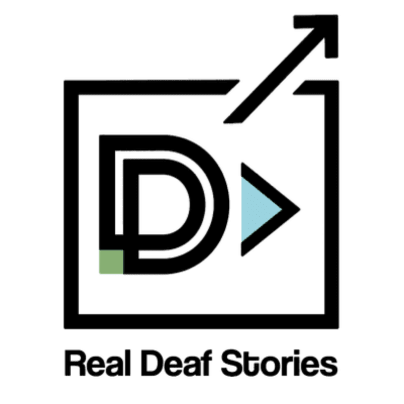 A stylized "D" within a square frame, accompanied by a play button and an upward arrow, is set against a white background with the text "Real Deaf Stories" below.