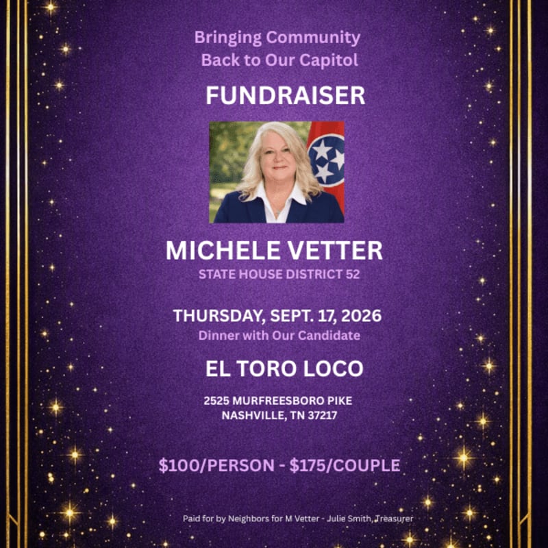 A purple background with gold sparkles and a framed photo of Michele Vetter in the foreground advertises a fundraiser for her State House District 52 campaign.