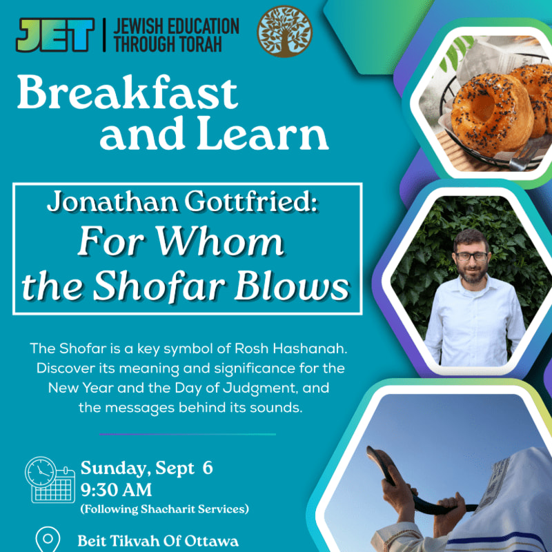 A flyer for a "Breakfast and Learn" event features a close-up of a shofar being blown in the foreground, with bagels and a portrait of Jonathan Gottfried in the background.
