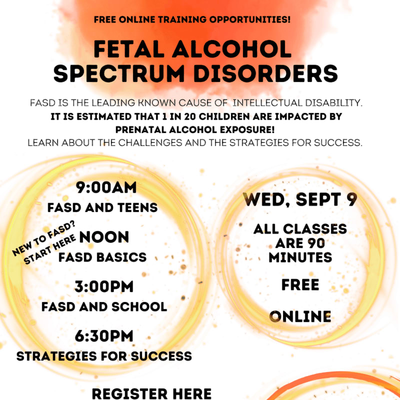 A flyer announces free online training opportunities for Fetal Alcohol Spectrum Disorders, with a schedule of classes and registration information against a blurred, warm-toned background.