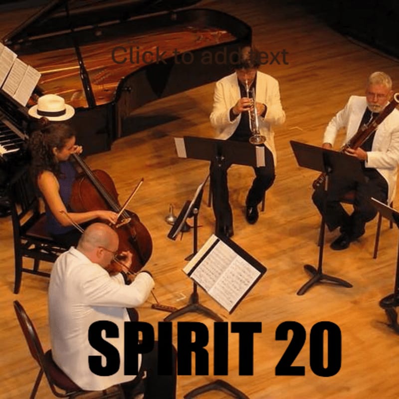 Four musicians, two playing string instruments and two playing wind instruments, are performing in front of a grand piano on a wooden stage.