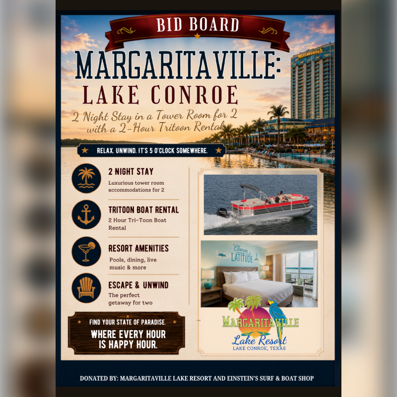 A promotional poster for Margaritaville Lake Conroe features a serene lake scene with a resort in the background, and in the foreground, details about a two-night stay and tritoon boat rental are presented alongside images of a boat and a hotel room.