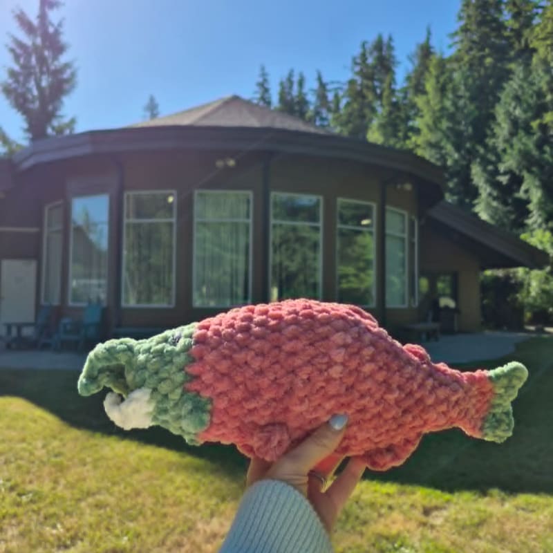A crocheted salmon toy is held in the foreground against a backdrop of a circular building and lush green trees under a bright blue sky.