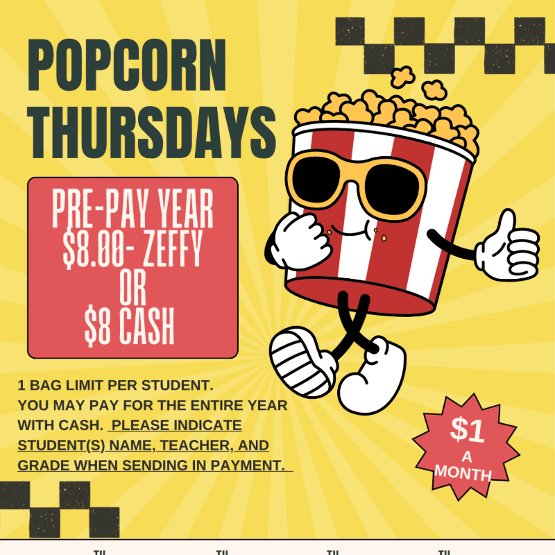 A cartoon popcorn bucket with sunglasses gives a thumbs up in the foreground, while the background features yellow rays and a checkered pattern.