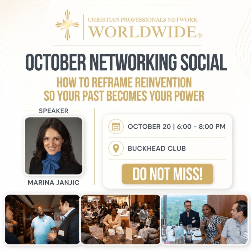 A flyer for an October networking social hosted by Christian Professionals Network Worldwide features speaker Marina Janjic, event details, and three smaller images of people networking in the foreground, set against a light gold and white background.
