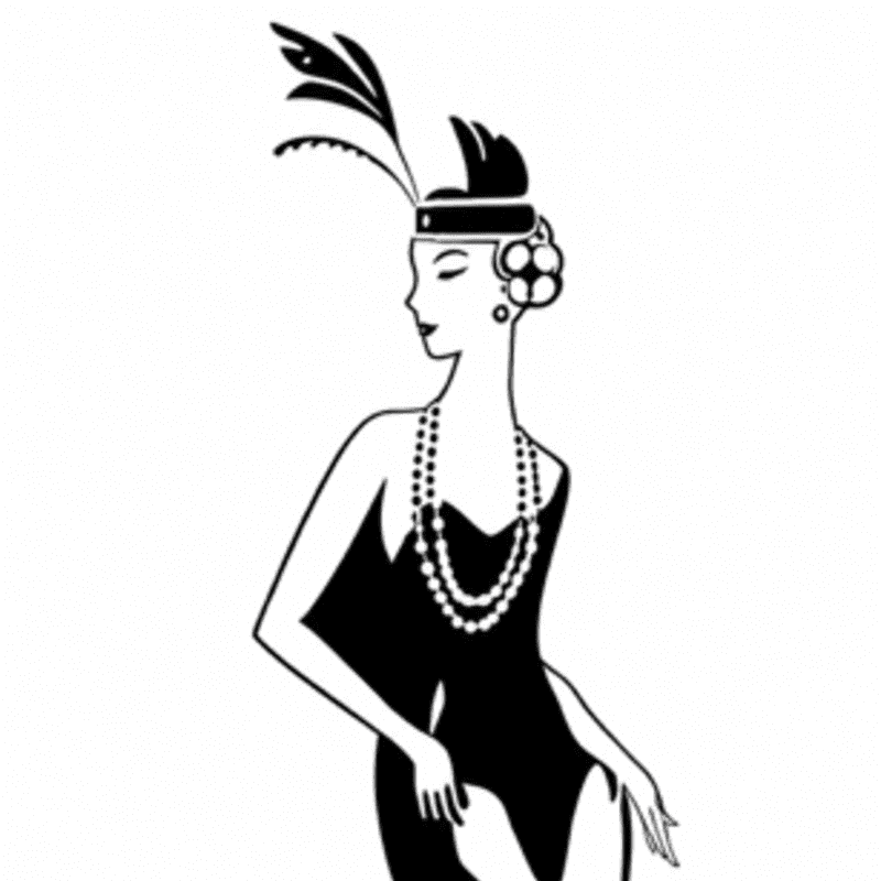 A stylized woman in a flapper dress and feathered hat stands against a plain white background.