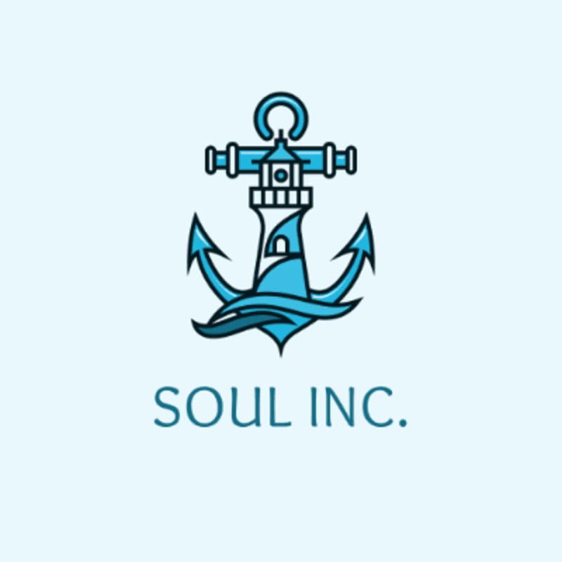 A blue anchor with a lighthouse in the center is superimposed over stylized waves, with the text "SOUL INC." below it, all set against a pale blue background.