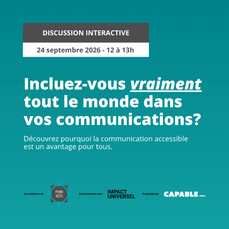 A teal background with white text in the foreground asks "Do you really include everyone in your communications?" and provides event details and partner logos at the bottom.