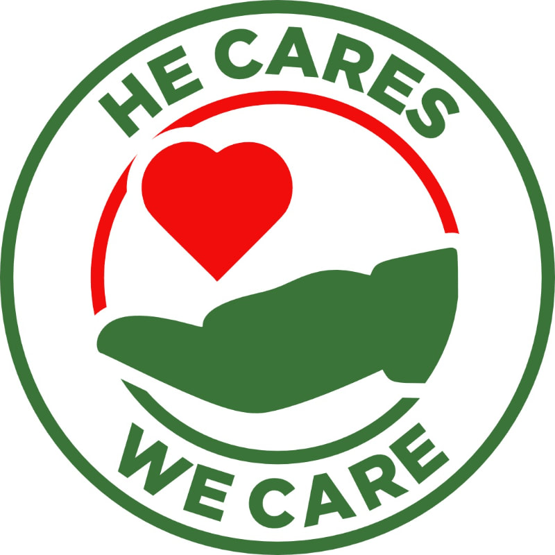 A green hand cradles a red heart within a circular emblem that reads "HE CARES WE CARE" in green text.