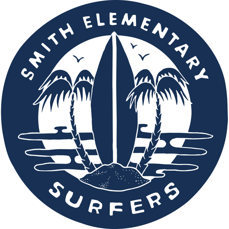 A surfboard stands tall on a sandy island between two palm trees, with stylized waves and birds in the background, all within a dark blue circle that reads "SMITH ELEMENTARY SURFERS."