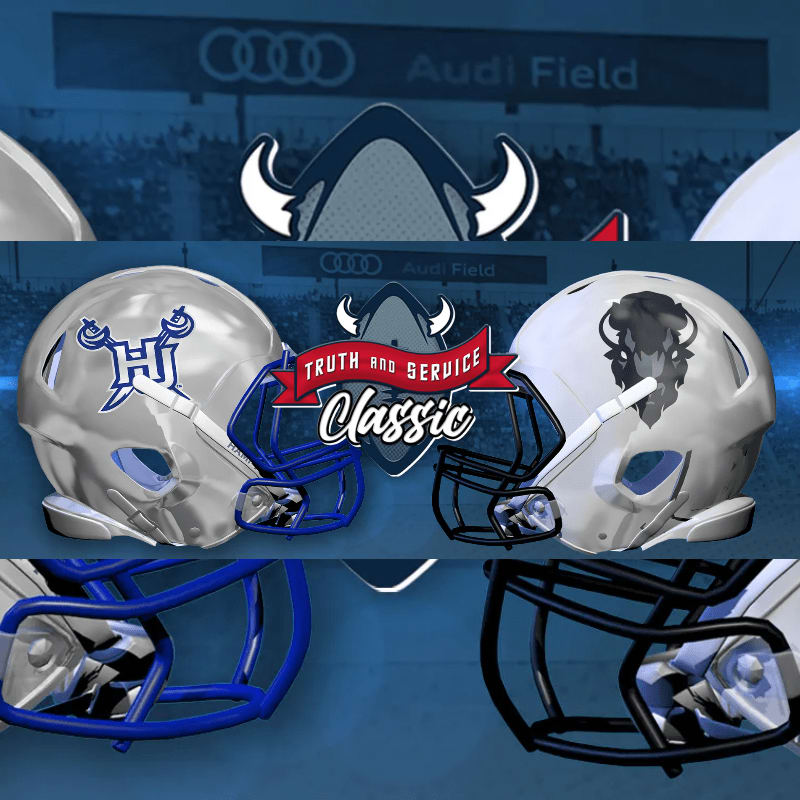 Two football helmets, one silver with a blue "H" and the other silver with a buffalo logo, are displayed in the foreground against a background of Audi Field and a stadium crowd.