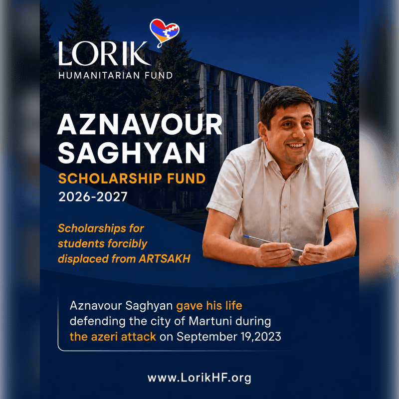 A smiling man is featured in the foreground against a dark blue background with text announcing the Aznavour Saghyan Scholarship Fund and a building with trees in the background.