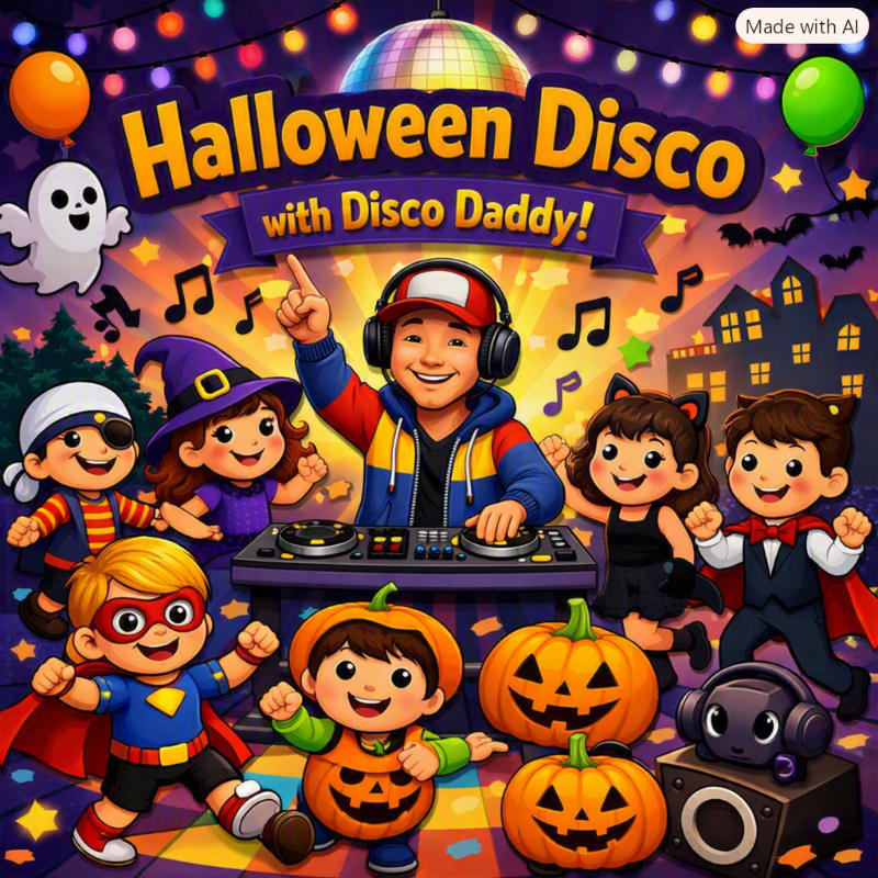 A group of costumed children dance around a DJ in the foreground, while a spooky Halloween-themed disco ball and decorations fill the background.