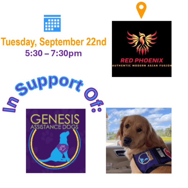A golden retriever wearing a service dog vest sits in the foreground, while the background displays event details for a fundraiser supporting Genesis Assistance Dogs at Red Phoenix restaurant.