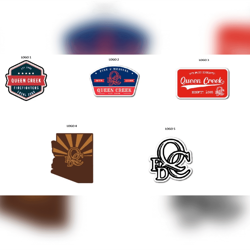 Five different logos for Queen Creek Fire Department are displayed on a blurred background of red and blue.