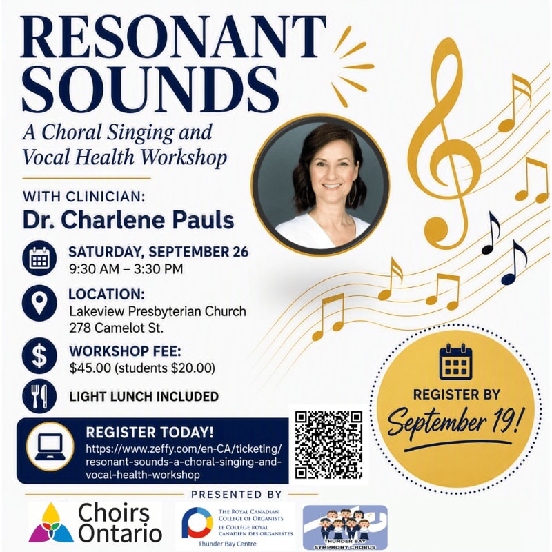 A poster for a choral singing and vocal health workshop titled "Resonant Sounds" is displayed with musical notes in the background and event details in the foreground.
