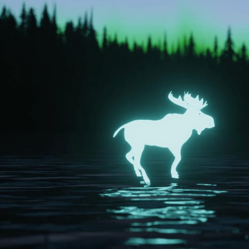 A glowing moose stands in dark, rippling water with a silhouette of pine trees against a twilight sky in the background.