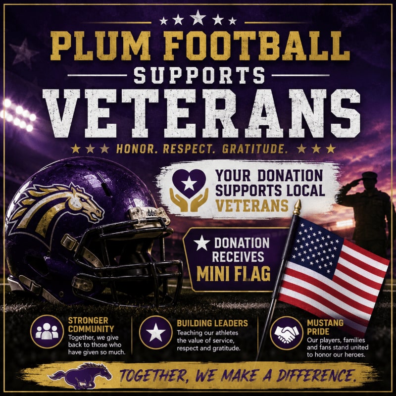A purple football helmet and an American flag are in the foreground, with a stadium and a saluting soldier in the background, all under the text "Plum Football Supports Veterans."