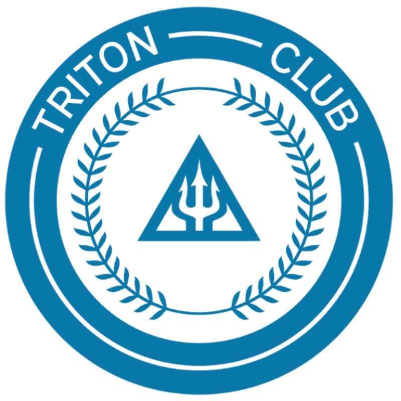 A blue and white circular emblem with "TRITON CLUB" written around the top features a trident within a triangle, surrounded by laurel branches.