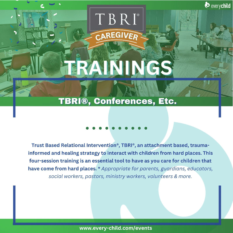In the foreground, text announces "TBRI CAREGIVER TRAININGS," while the background shows people attending a training session in a classroom.