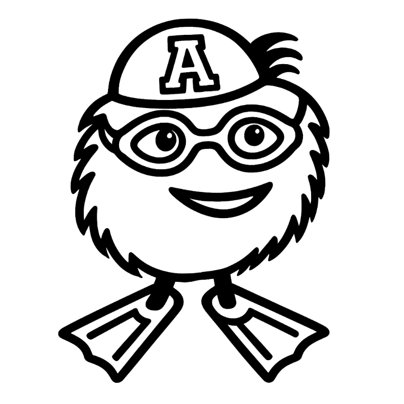 A cartoon character with a fuzzy body, goggles, a swim cap with an "A" on it, and flippers stands against a white background.