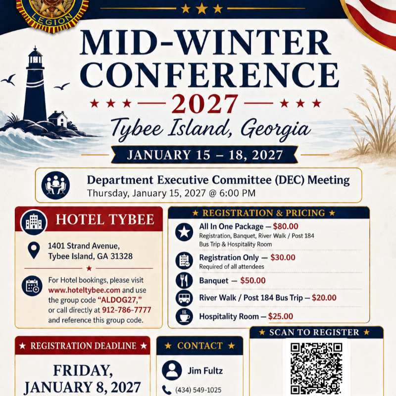 A lighthouse and ocean waves are in the background, while the foreground displays event details for a Mid-Winter Conference in Tybee Island, Georgia.