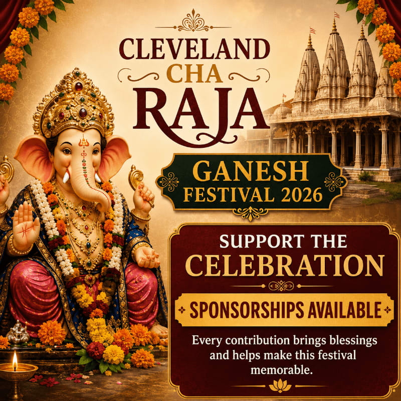 A richly adorned statue of Ganesha sits in the foreground, with a temple and festive text advertising the Cleveland Cha Raja Ganesh Festival 2026 in the background.