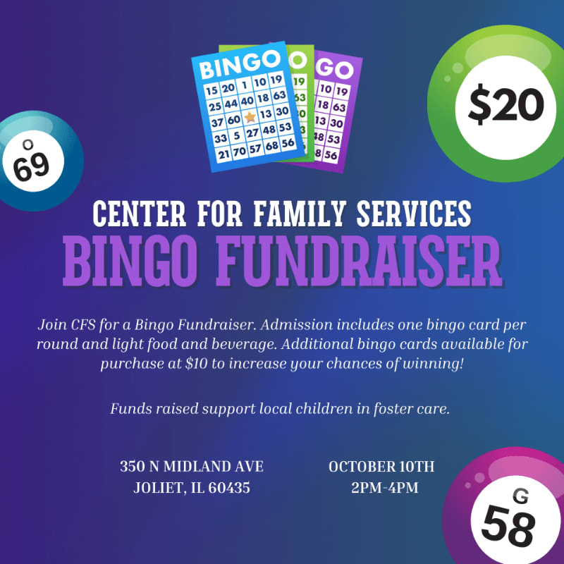 Colorful bingo cards and balls with dollar amounts are in the foreground, while the background features text announcing a "Center for Family Services Bingo Fundraiser" with event details.